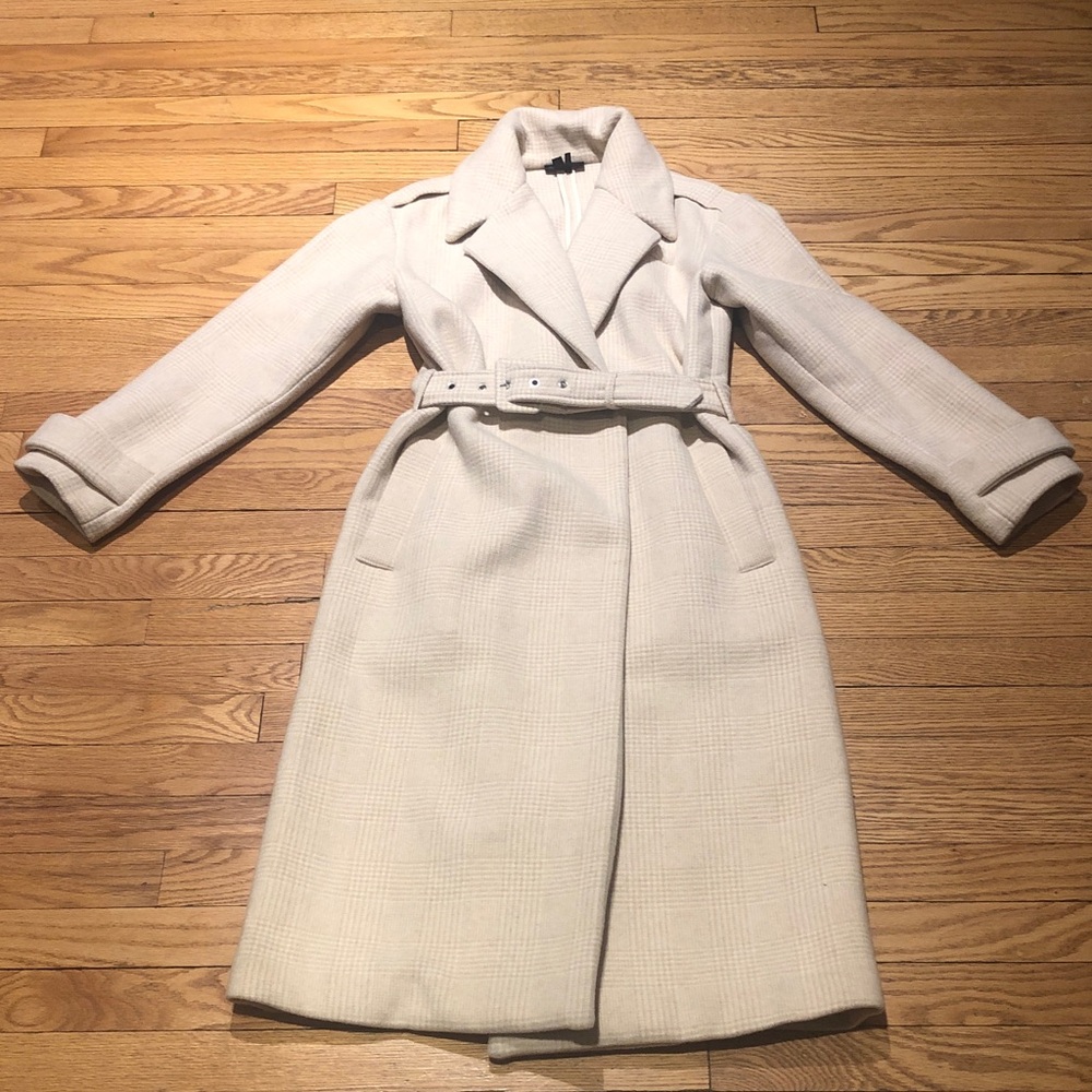 PAIGE Derenne Price of Wales Tan/ Ivory Checked Wool Blend Belted Coat. XS